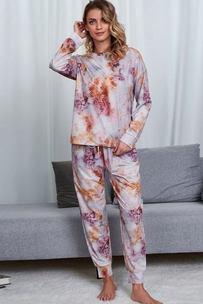 Shiny Tie-Dye Crewneck Top and Drawstring Waist Joggers Lounge Set Lavender Easy Apparels