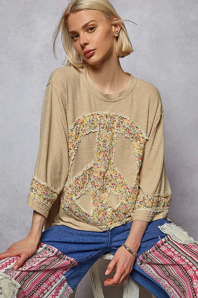 Trendsi POL Floral Peace Patch Drop Shoulder T-Shirt Tan