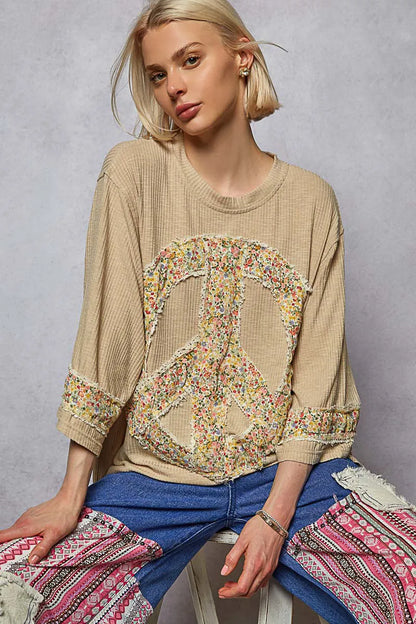 Trendsi POL Floral Peace Patch Drop Shoulder T-Shirt Tan