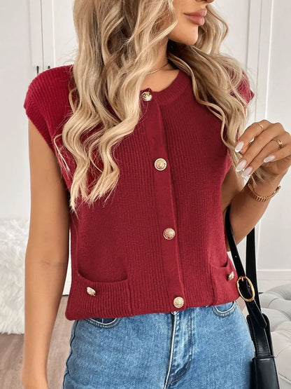 Perfee Pocketed Round Neck Cap Sleeve Cardigan Easy Apparels