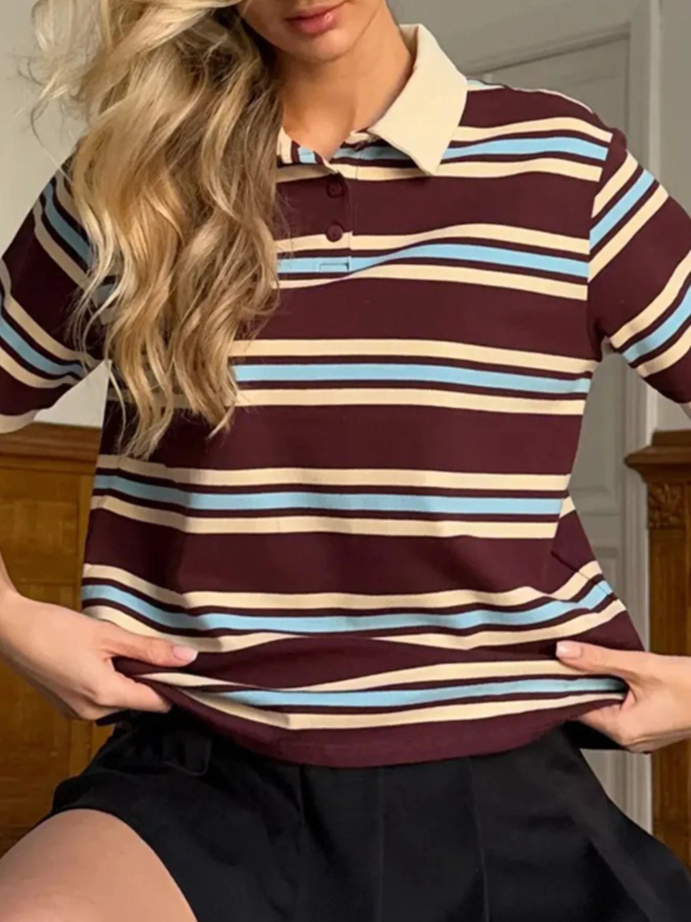 Trendsi Striped Polo T-Shirt with Contrast Collar