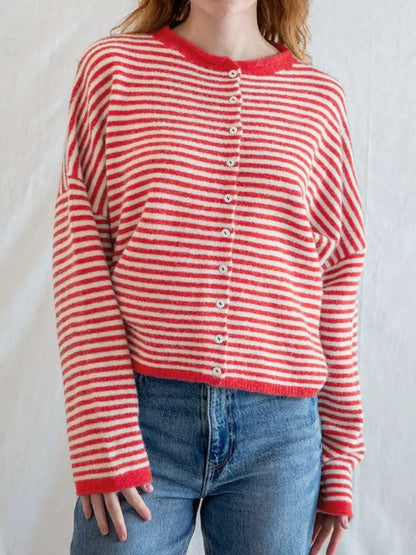 Striped Button Front Long Sleeve Cardigan Easy Apparels