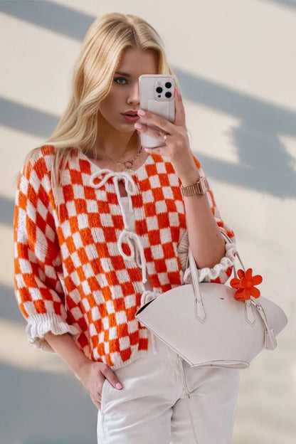 Double Take Tied Checkered Dropped Shoulder Flounce Sleeve Cardigan Orange-Red Easy Apparels