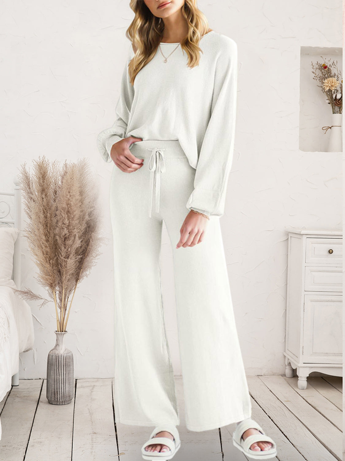 Long Sleeve Lounge Top and Drawstring Pants Set White Easy Apparels