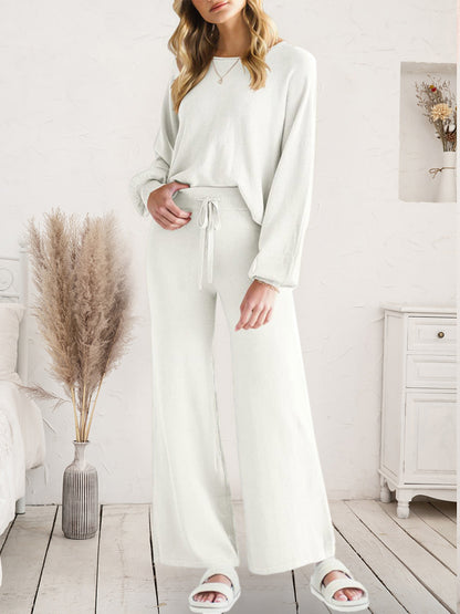 Long Sleeve Lounge Top and Drawstring Pants Set White Easy Apparels