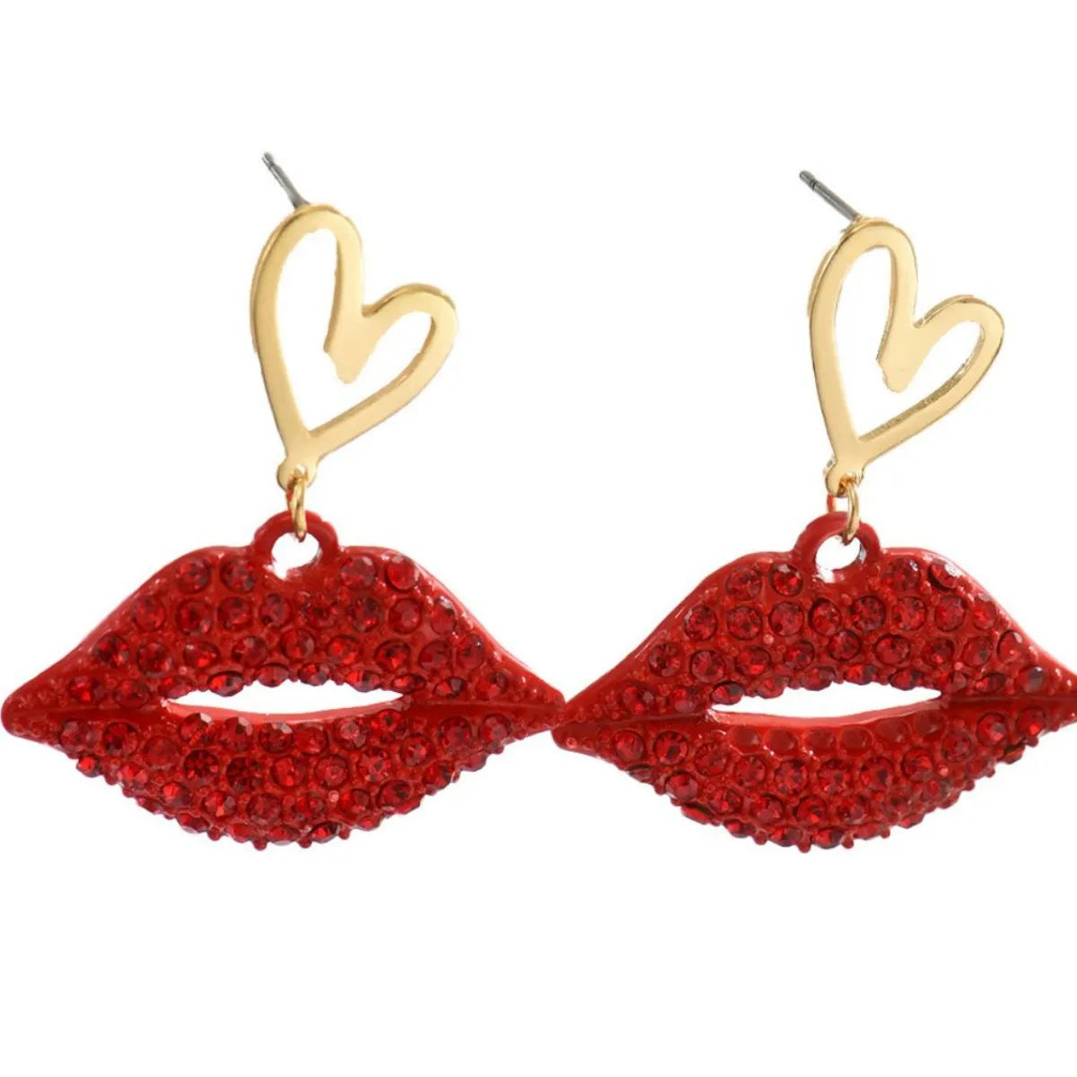 18K Gold-Plated Rhinestone Lips Heart Dangle Earrings Easy Apparels