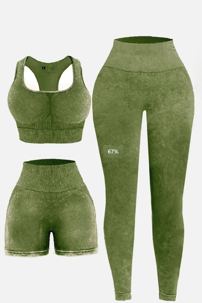 3 Piece Washed Square Neck Wide Strap Active Set Moss Easy Apparels