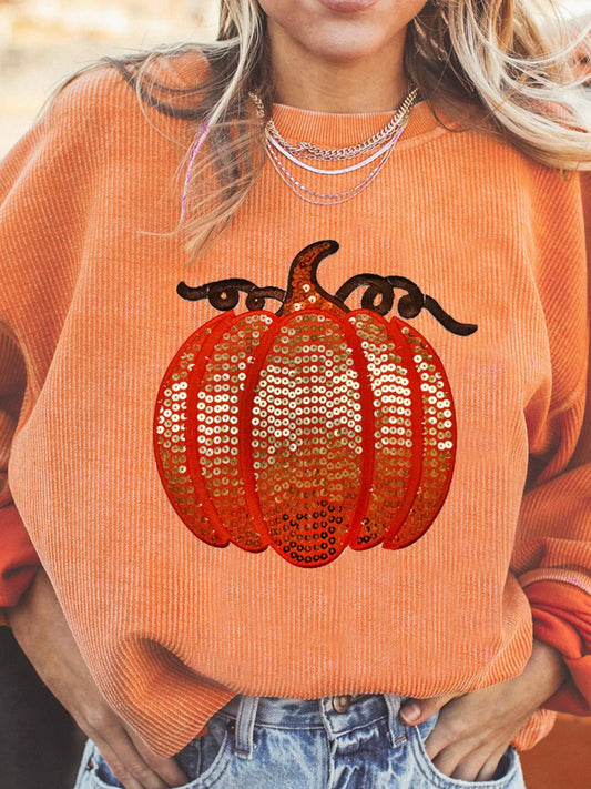 Halloween Sequined Pumpkin Ribbed Round Neck Sweatshirt Tangerine Easy Apparels