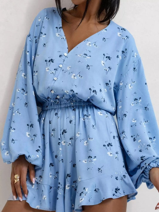 Floral V-Neck Long Sleeve Romper with Elastic Waist Blue Easy Apparels