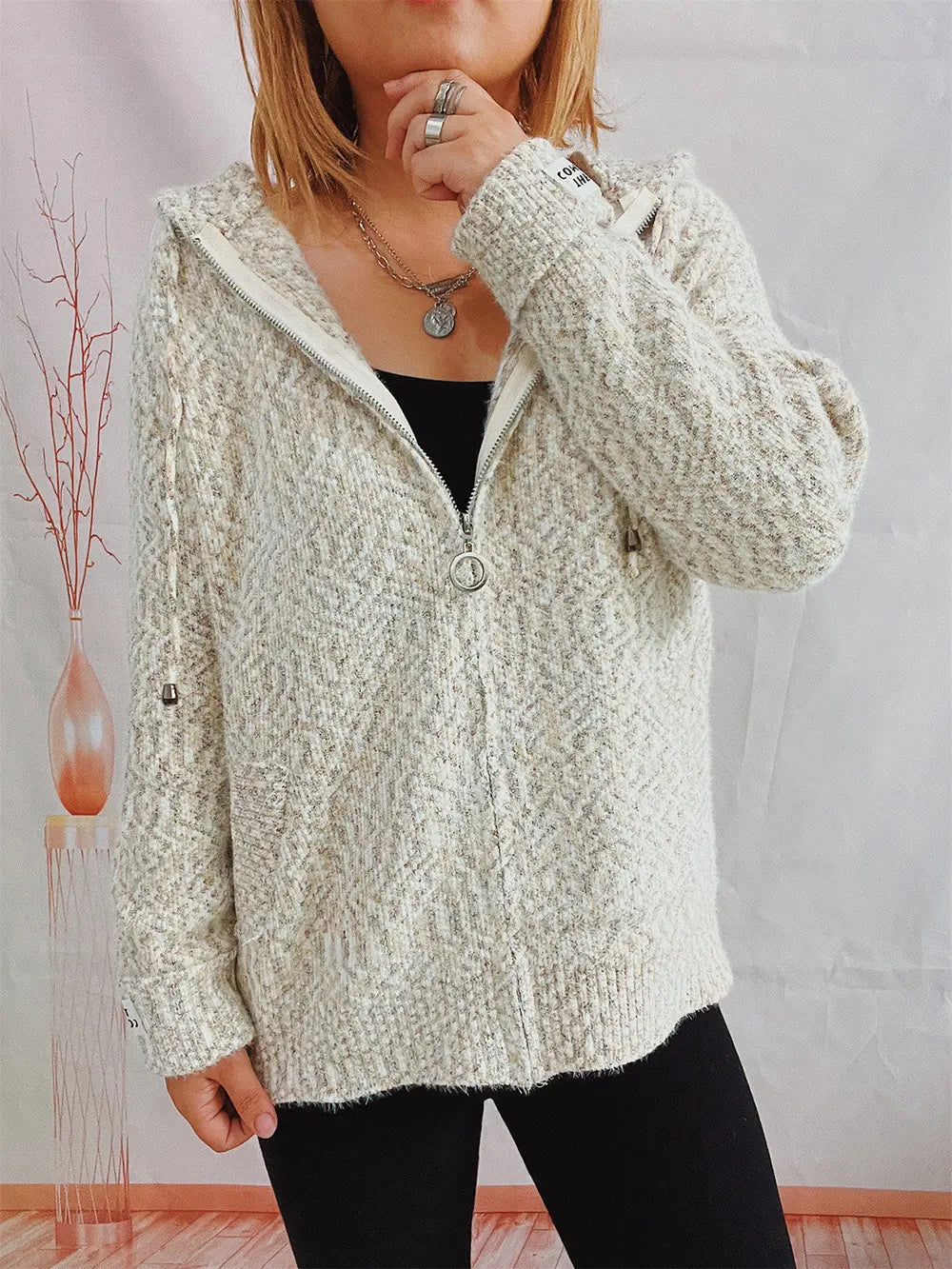 Zip Up Drawstring Long Sleeve Hooded Sweater Dust Storm Easy Apparels