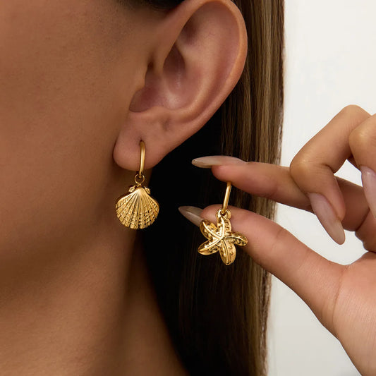 Vintage Gold Seashell & Starfish Drop Earrings Gold One Size Easy Apparels