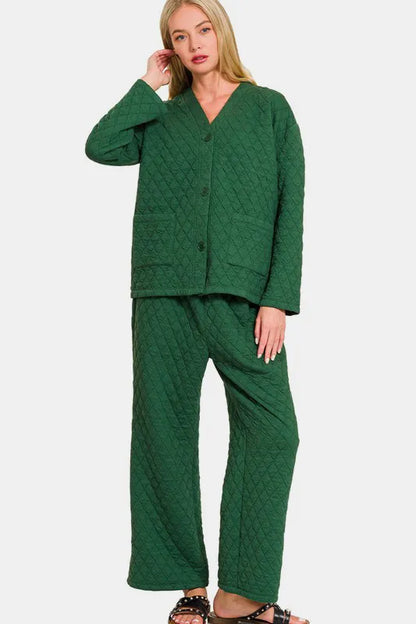 Zenana Quilted Button Up Long Sleeve Top and Pants Lounge Set Easy Apparels