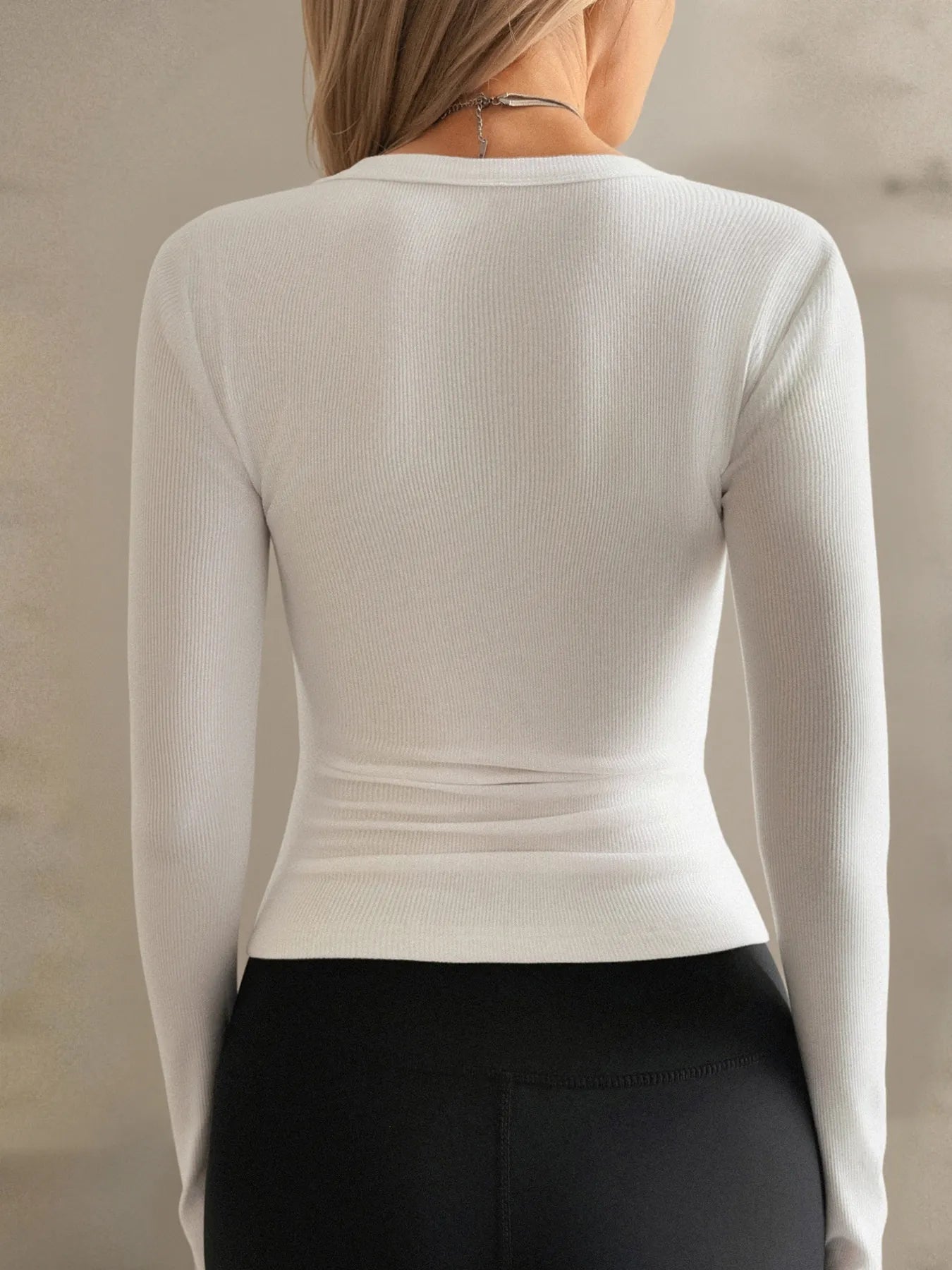 Trendsi Ribbed V-Neck Long Sleeve T-Shirt