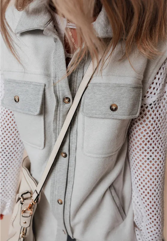 Pocketed Curved Hem Button Up Vest Easy Apparels