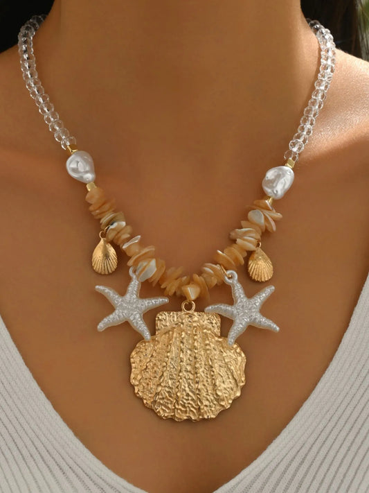 18K Gold-Plated Beach Shell Starfish Pendant Necklace Gold One Size Easy Apparels