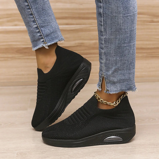 Breathable Mesh Wedge Sneakers Black Easy Apparels