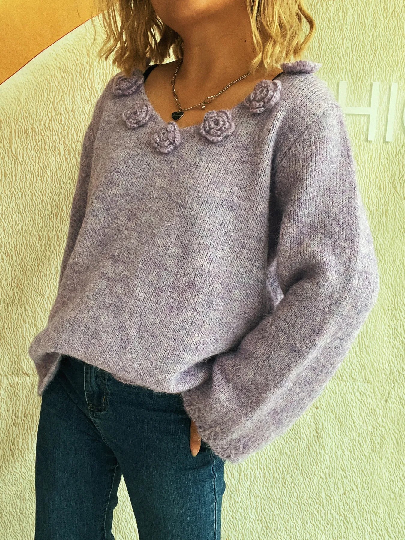 Trendsi Flower V-Neck Long Sleeve Sweater
