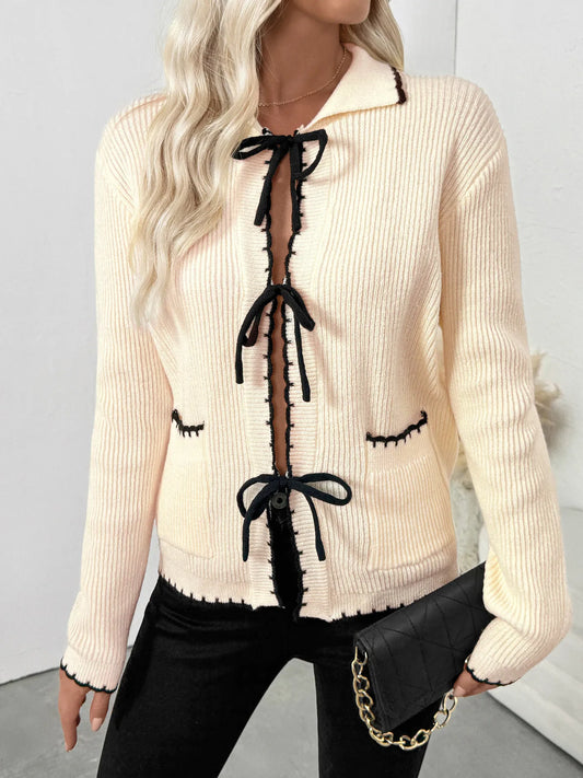 Tie Front Long Sleeve Cardigan Apricot Easy Apparels