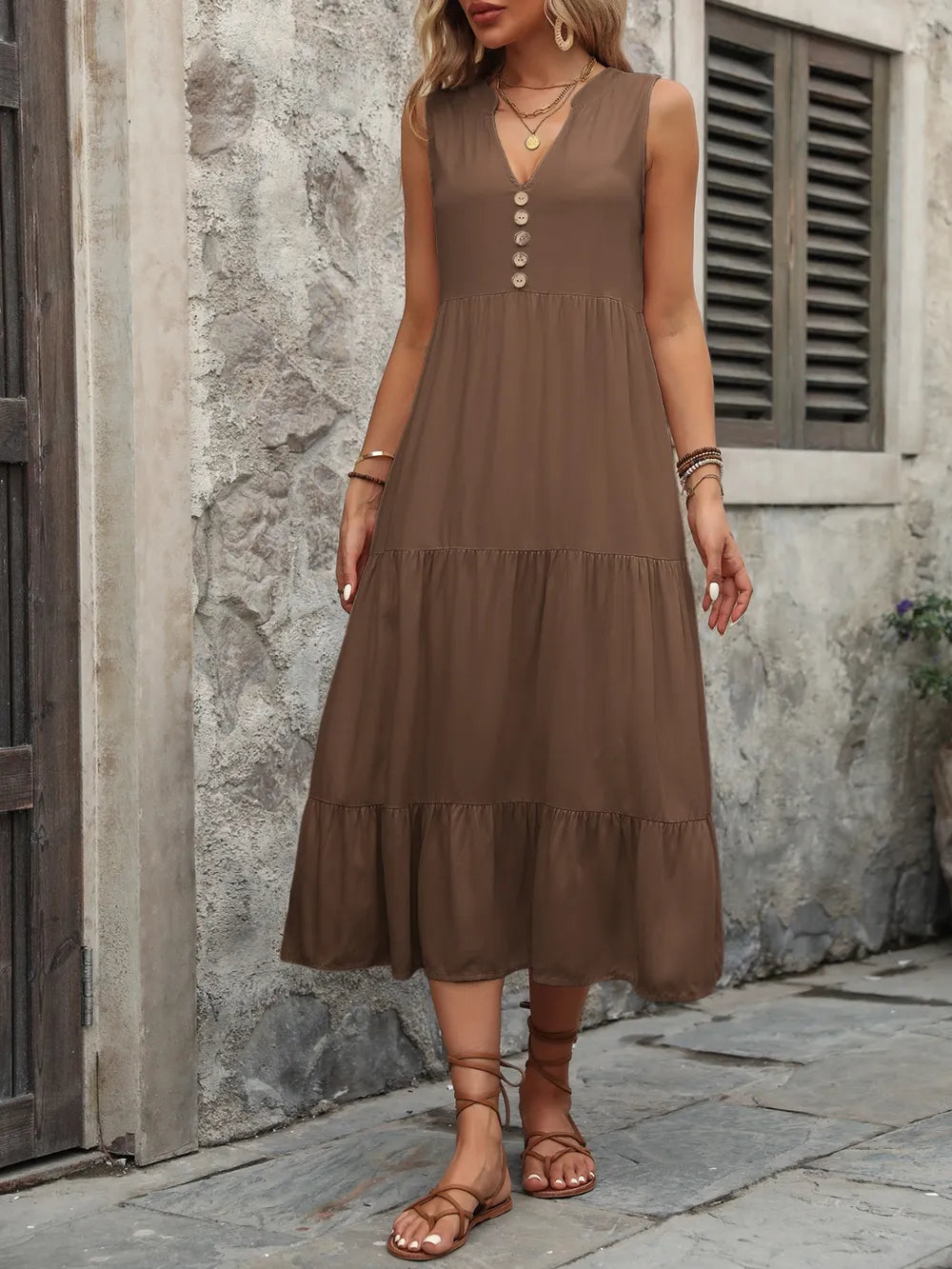 Ivy Lane Decorative Button Notched Sleeveless Dress Easy Apparels