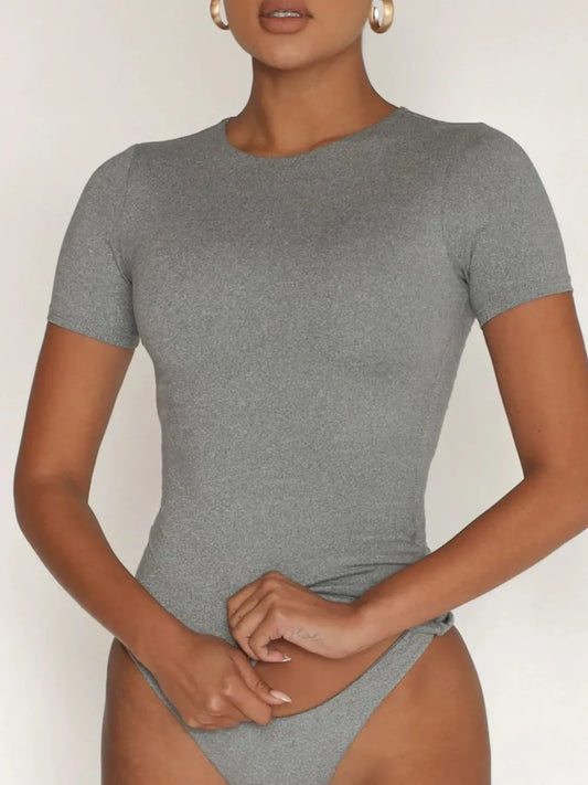 Round Neck Short Sleeve Swim Top Gray Easy Apparels