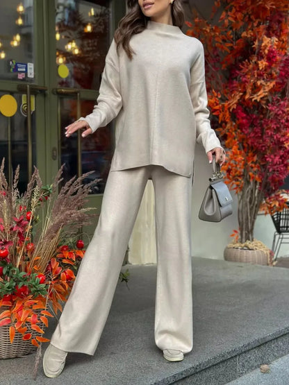 Slit Mock Neck Top and Pants Sweater Set Easy Apparels