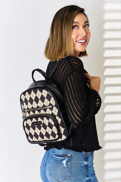 David Jones Argyle Pattern PU Leather Backpack Easy Apparels