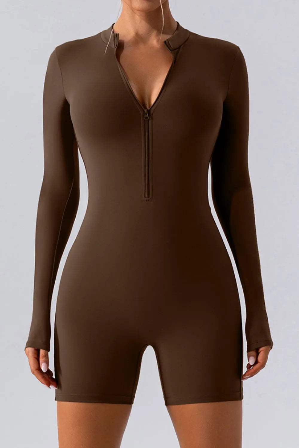 Half Zip Long Sleeve Active Romper Chocolate Easy Apparels