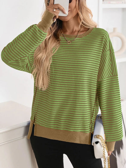 Trendsi Exposed Seam Striped Contrast Sweatshirt Matcha Green
