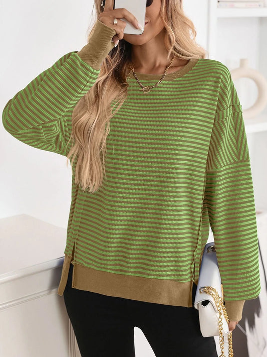 Trendsi Exposed Seam Striped Contrast Sweatshirt Matcha Green
