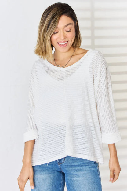 Trendsi Zenana Full Size Waffle Knit V-Neck Long Sleeve Slit Top