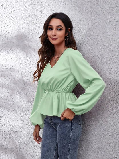 Trendsi V-Neck Balloon Sleeve Peplum Blouse