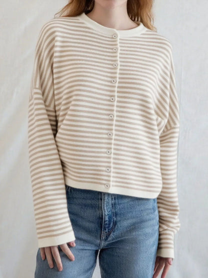 Striped Button Front Long Sleeve Cardigan Easy Apparels