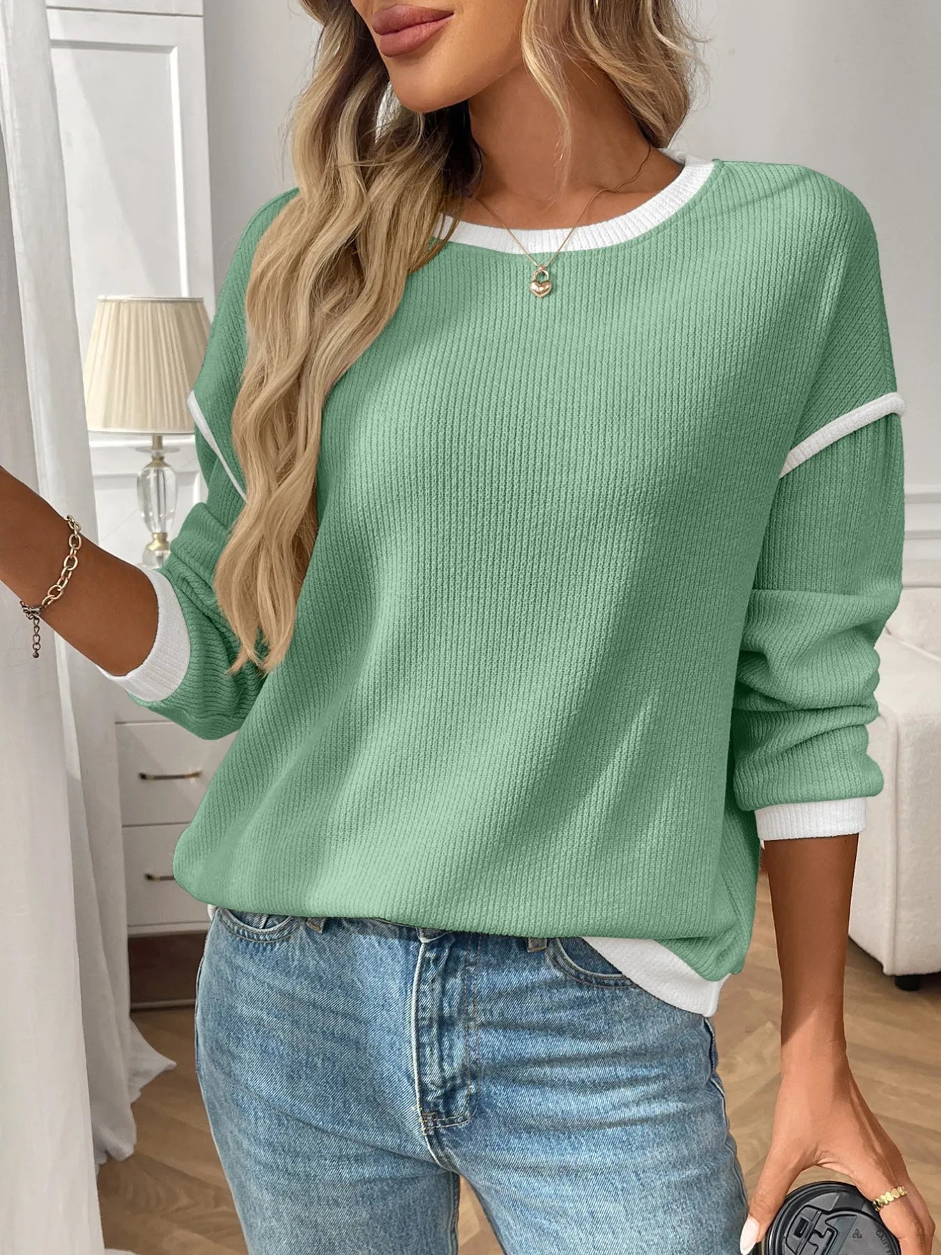 Trendsi Ribbed Contrast Trim Long Sleeve Top