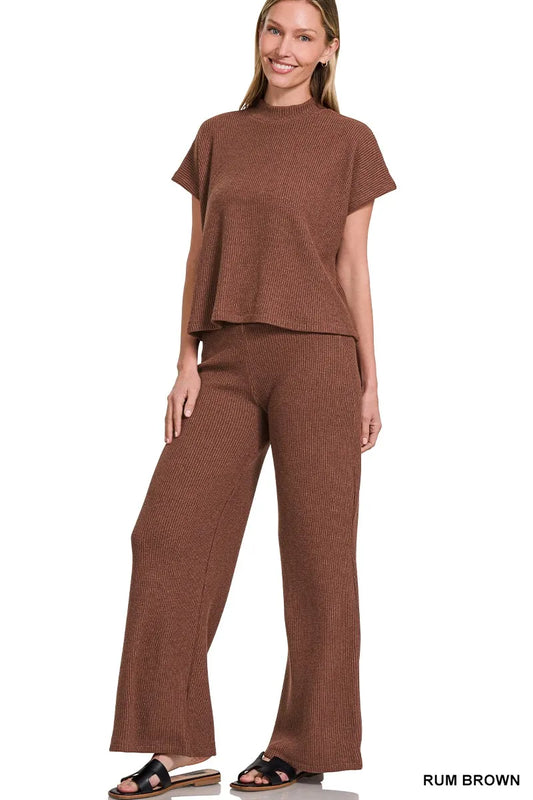 Zenana Sweater Boxy Top & Long Pants Set RUM BROWN Easy Apparels