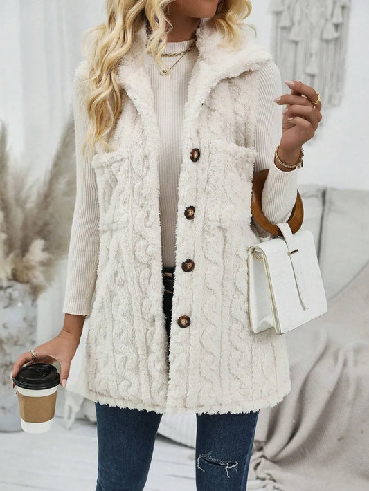 Fuzzy Button Up Vest Coat Beige Easy Apparels