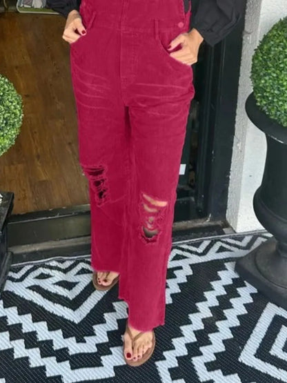 Distressed Wide Leg Corduroy Overalls Easy Apparels