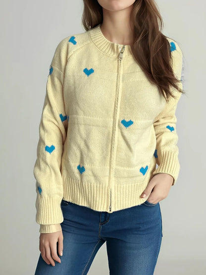 Heart Round Neck Zip Up Cardigan Pastel Yellow One Size Easy Apparels