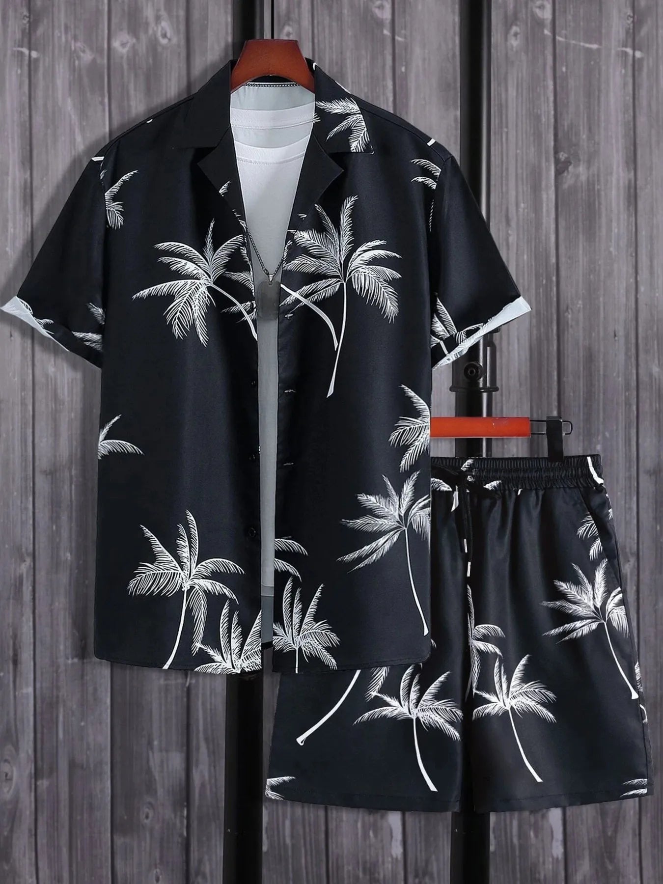 Men's Full Size Palm Print Button Up Shirt and Shorts Set Plus Size Black Easy Apparels