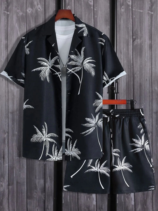 Men's Full Size Palm Print Button Up Shirt and Shorts Set Plus Size Black Easy Apparels