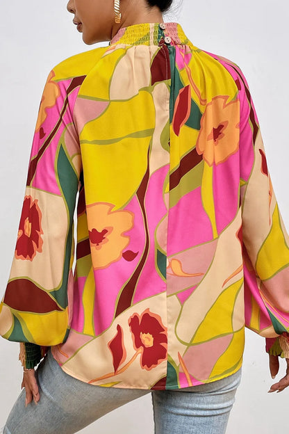 Trendsi Floral Smocked Lantern Sleeve Mock Neck Blouse