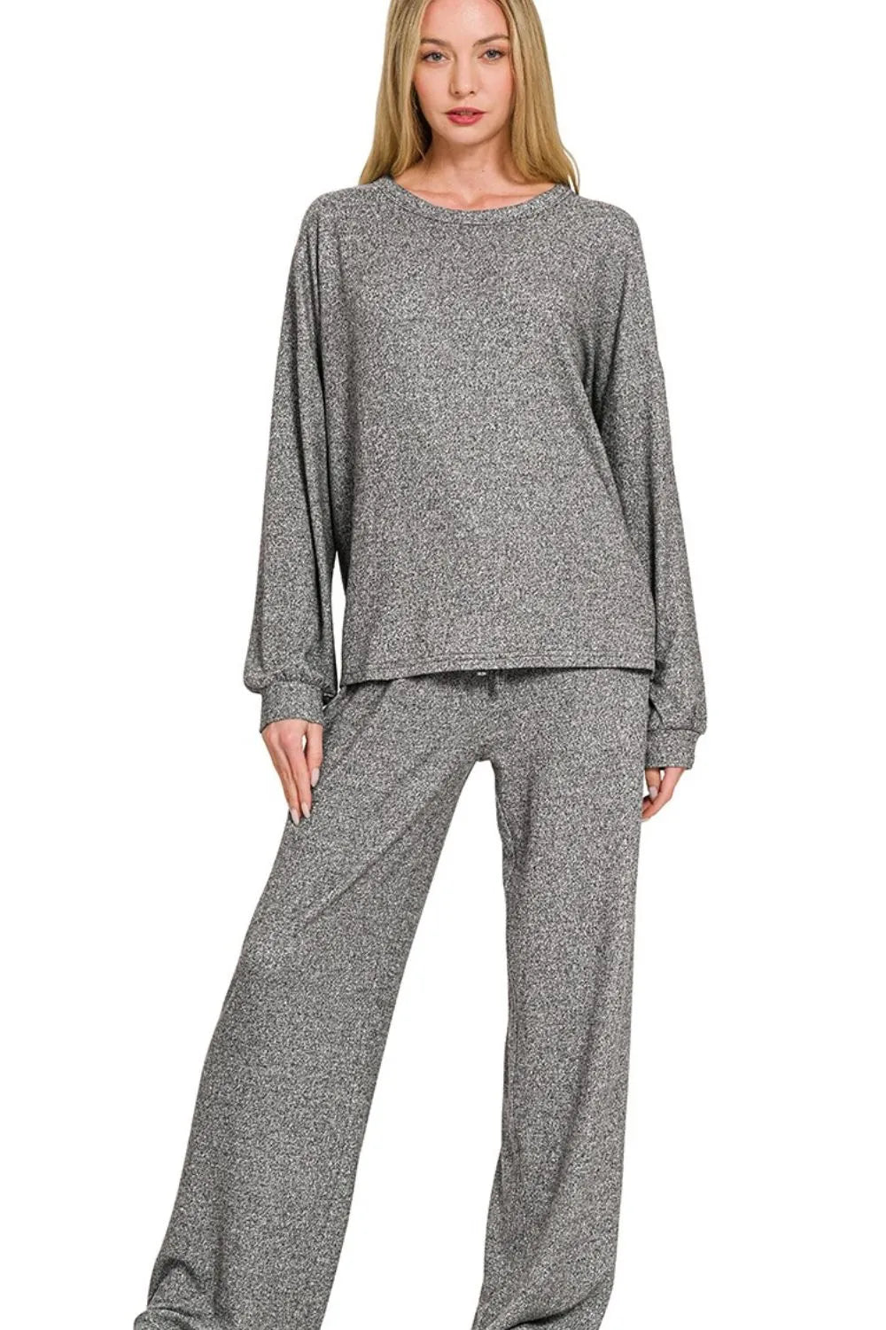 Zenana Soft Melange Hacci Long Slv Tee & Pants Set Easy Apparels