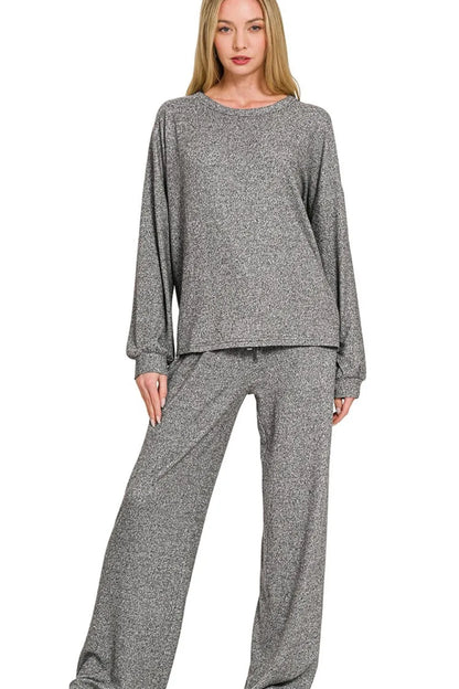 Zenana Soft Melange Hacci Long Slv Tee & Pants Set Easy Apparels