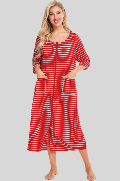 Round Neck Three-Quarter Sleeve Midi Night Dress Deep Red Easy Apparels