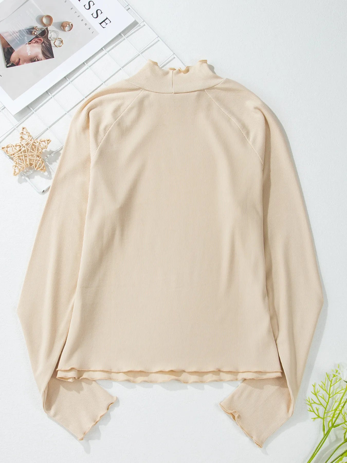 Trendsi Ribbed Knit Lettuce Trim Mock Neck Long Sleeve Top