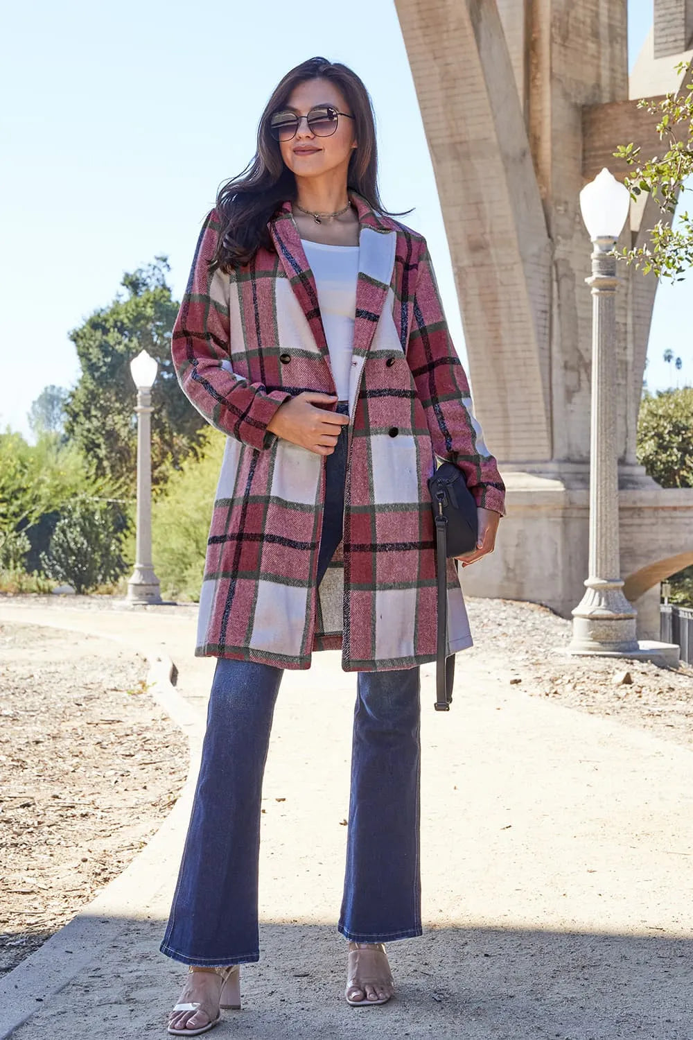 Double Take Full Size Plaid Button Up Lapel Collar Coat Deep Red Easy Apparels