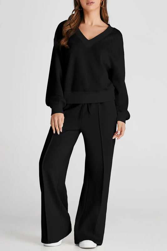 V-Neck Long Sleeve Top and Pants Active Set Black Easy Apparels