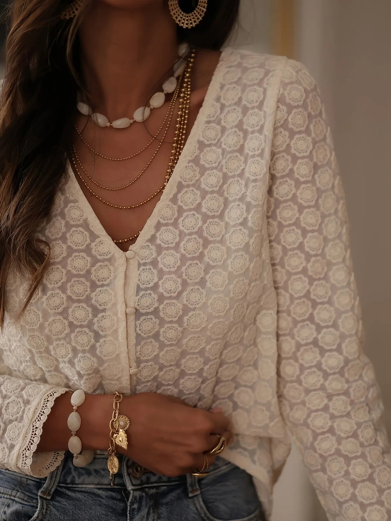 Trendsi Lace Button Up Long Sleeve Shirt