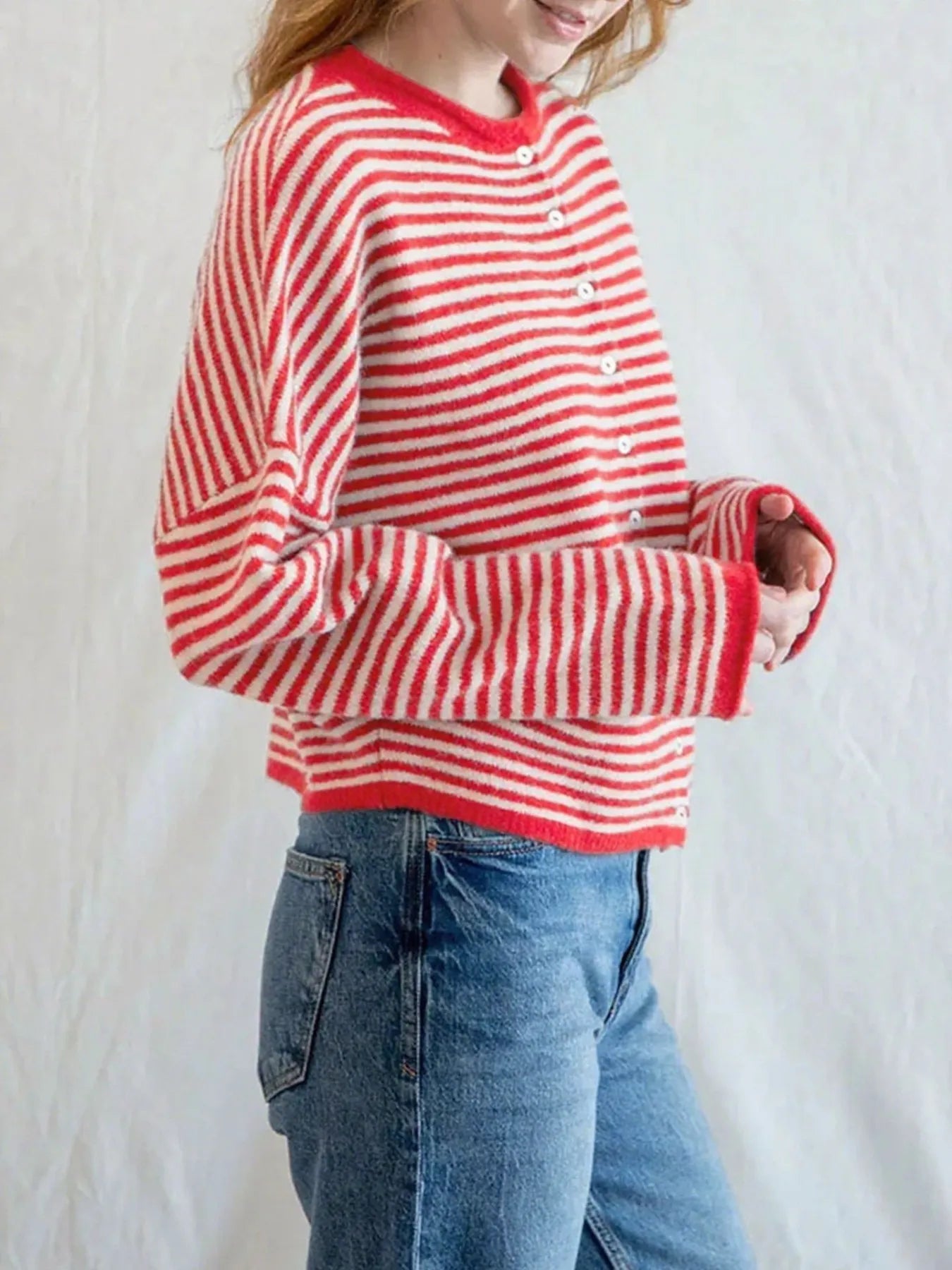 Striped Button Front Long Sleeve Cardigan Easy Apparels