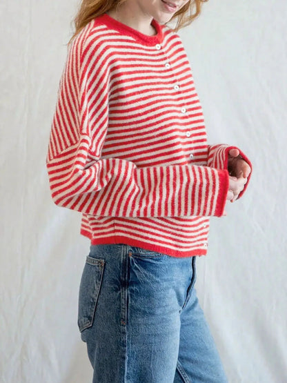 Striped Button Front Long Sleeve Cardigan Easy Apparels