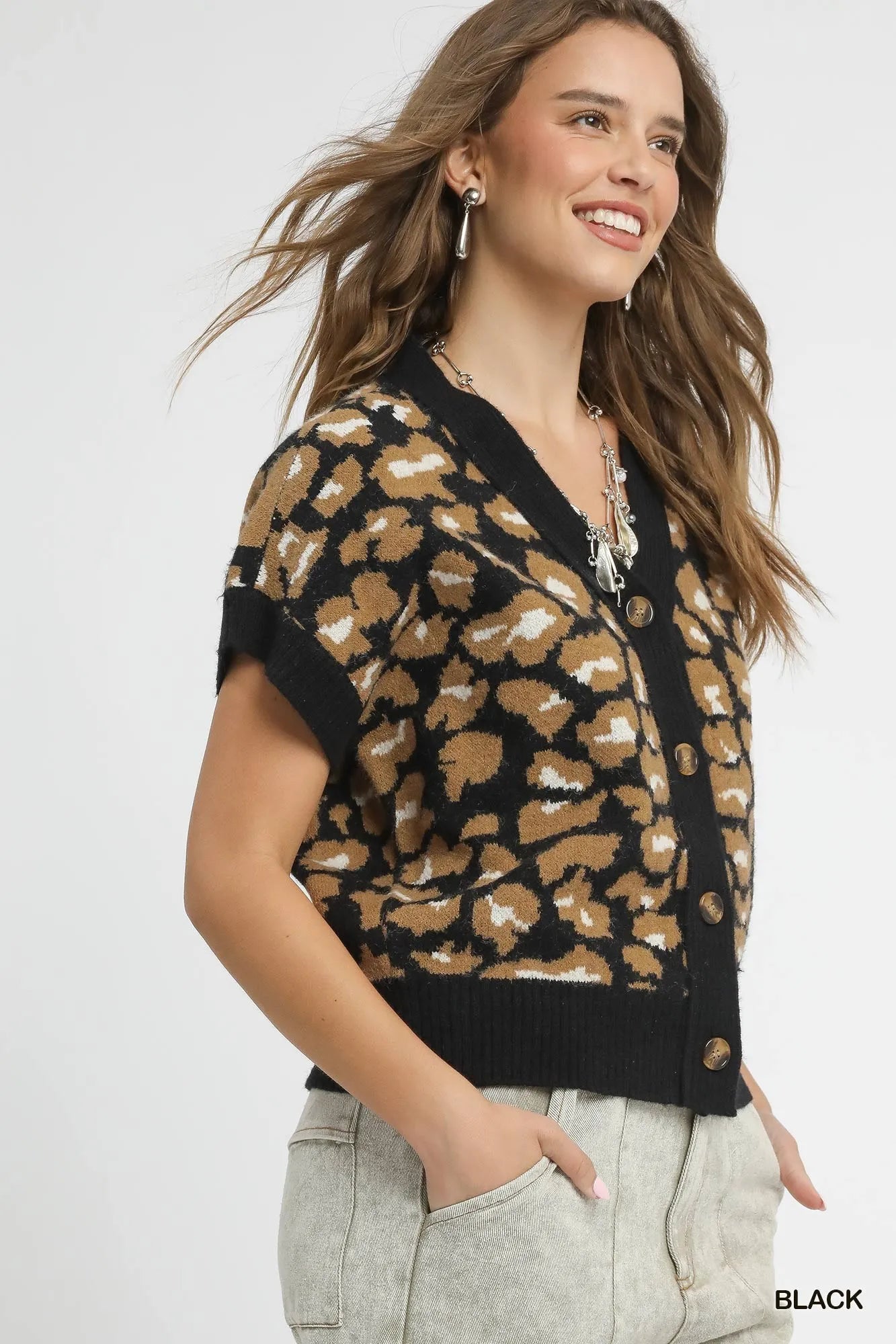 Umgee Leopard Button Down Short Sleeve Cardigan Easy Apparels